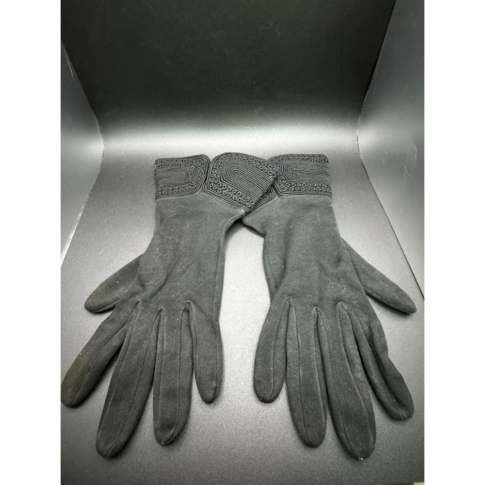 Mid Century Black‎ Nylon Gloves With Decorative Cuff By Hanser - Size 7